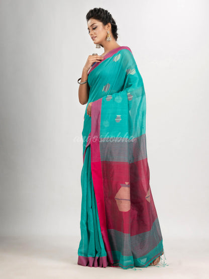 Turquoise cotton blend all body noddle motive with rani pallu jamdani saree