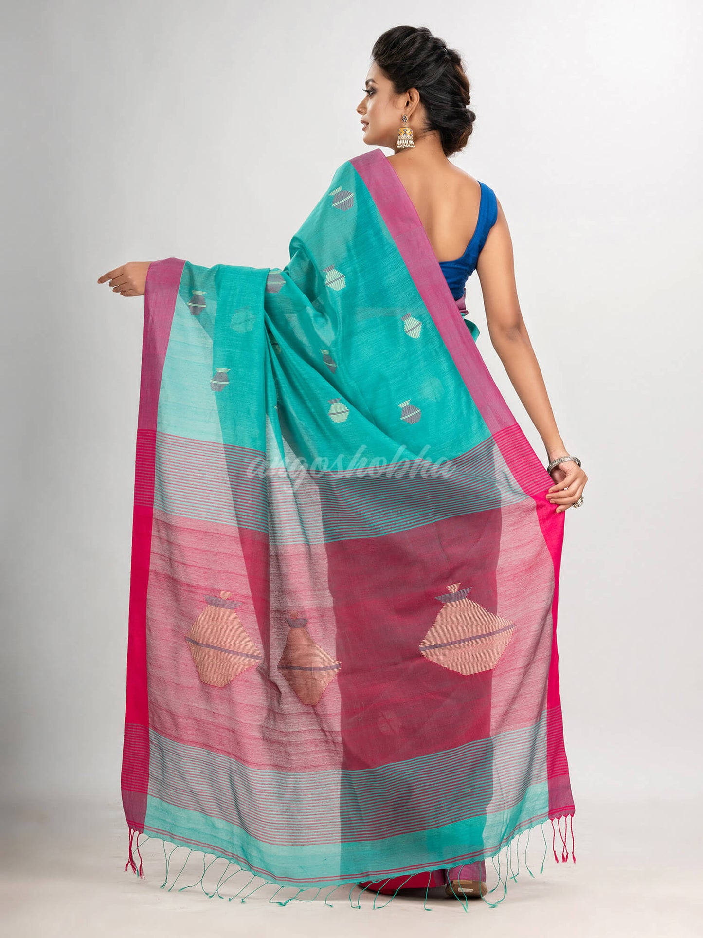 Turquoise cotton blend all body noddle motive with rani pallu jamdani saree