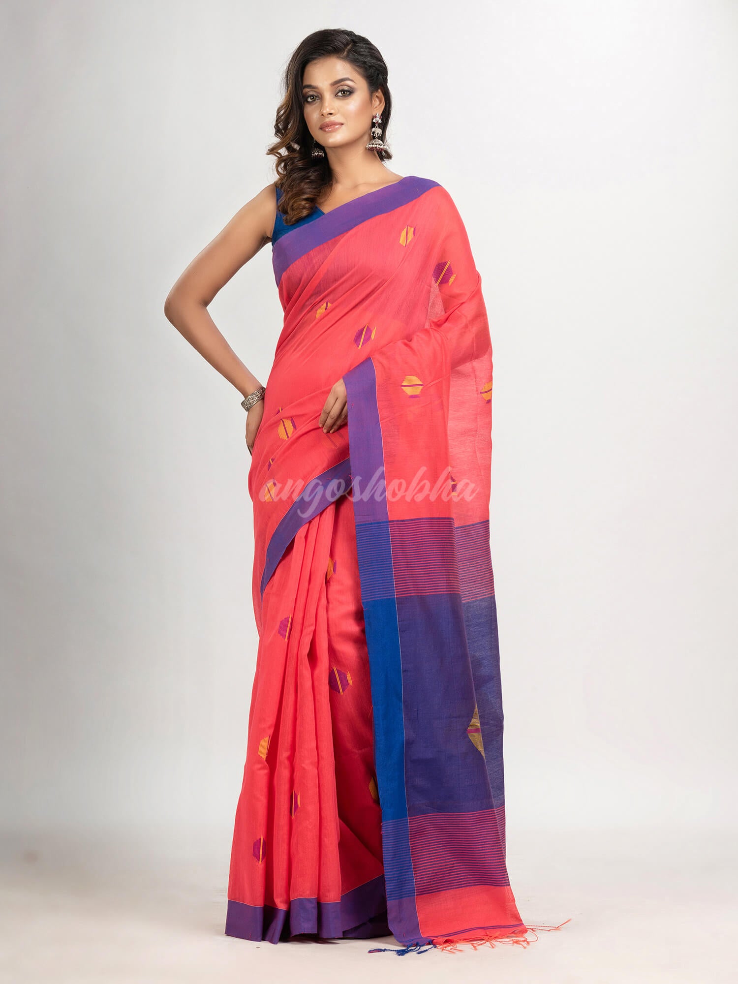 Pastel red cotton blend all body noddle motive with blue pallu jamdani saree