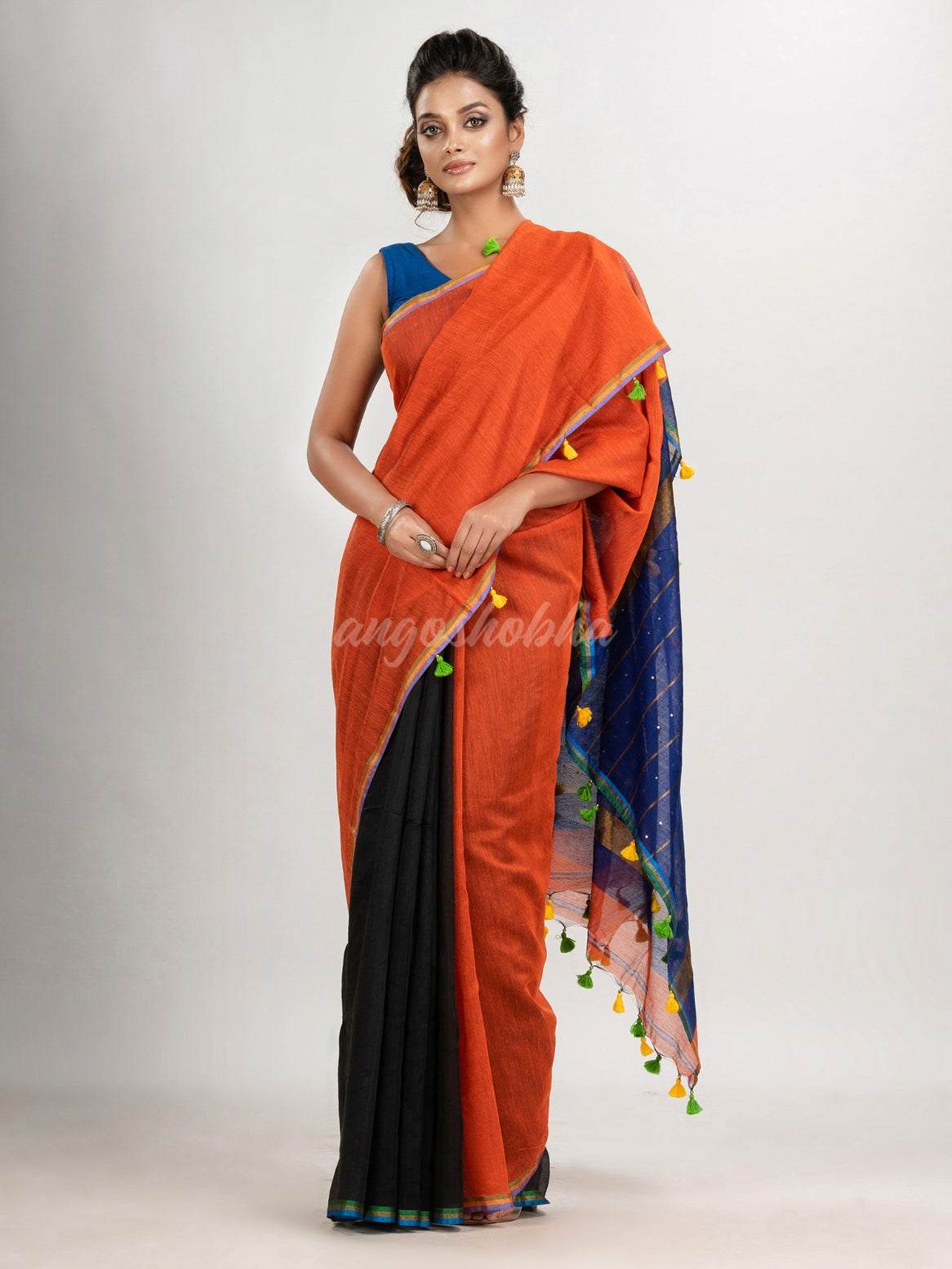 Orange & Blue  cotton blend half and half with pompom handloom saree