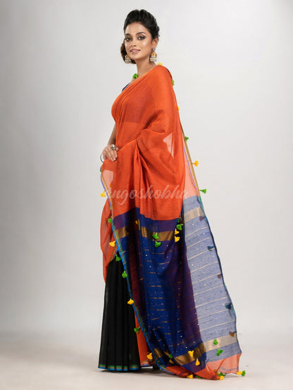 Orange & Blue  cotton blend half and half with pompom handloom saree