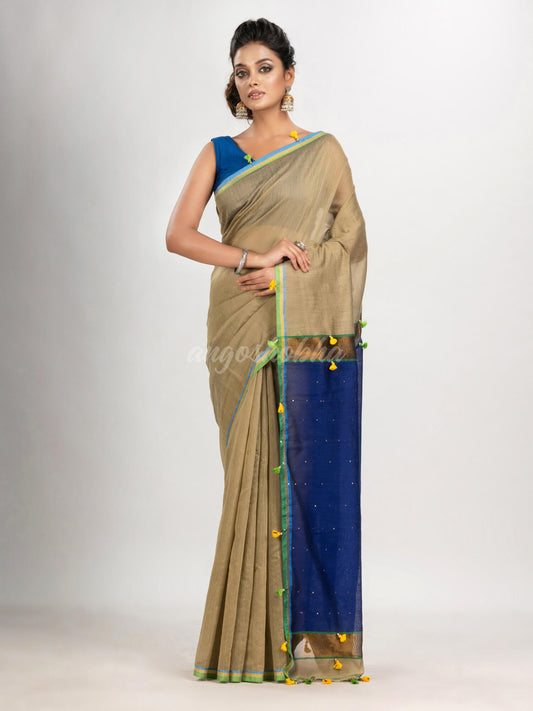 Muga cotton blend with pallu blue and pompom handloom saree