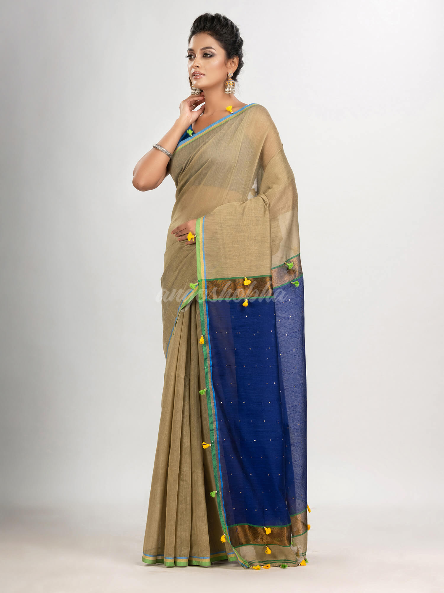 Muga cotton blend with pallu blue and pompom handloom saree