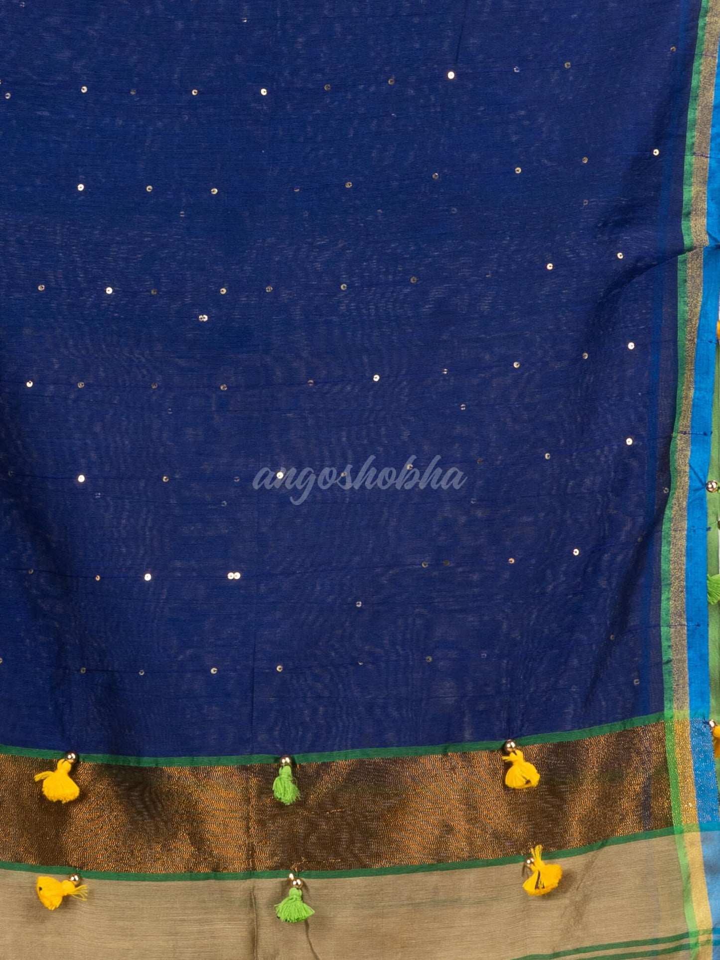 Muga cotton blend with pallu blue and pompom handloom saree
