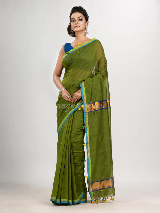 Olive green cotton blend with pompom handloom saree