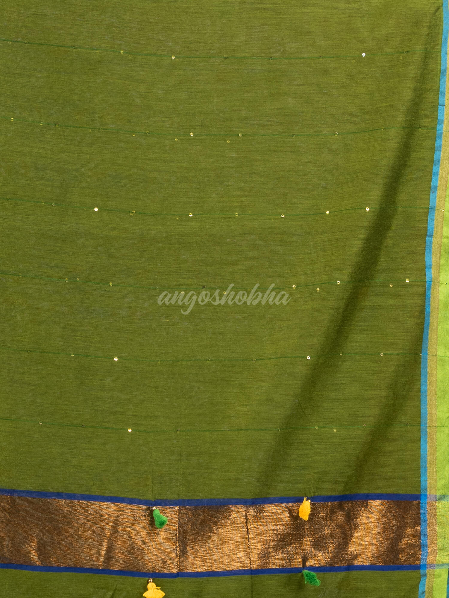 Olive green cotton blend with pompom handloom saree
