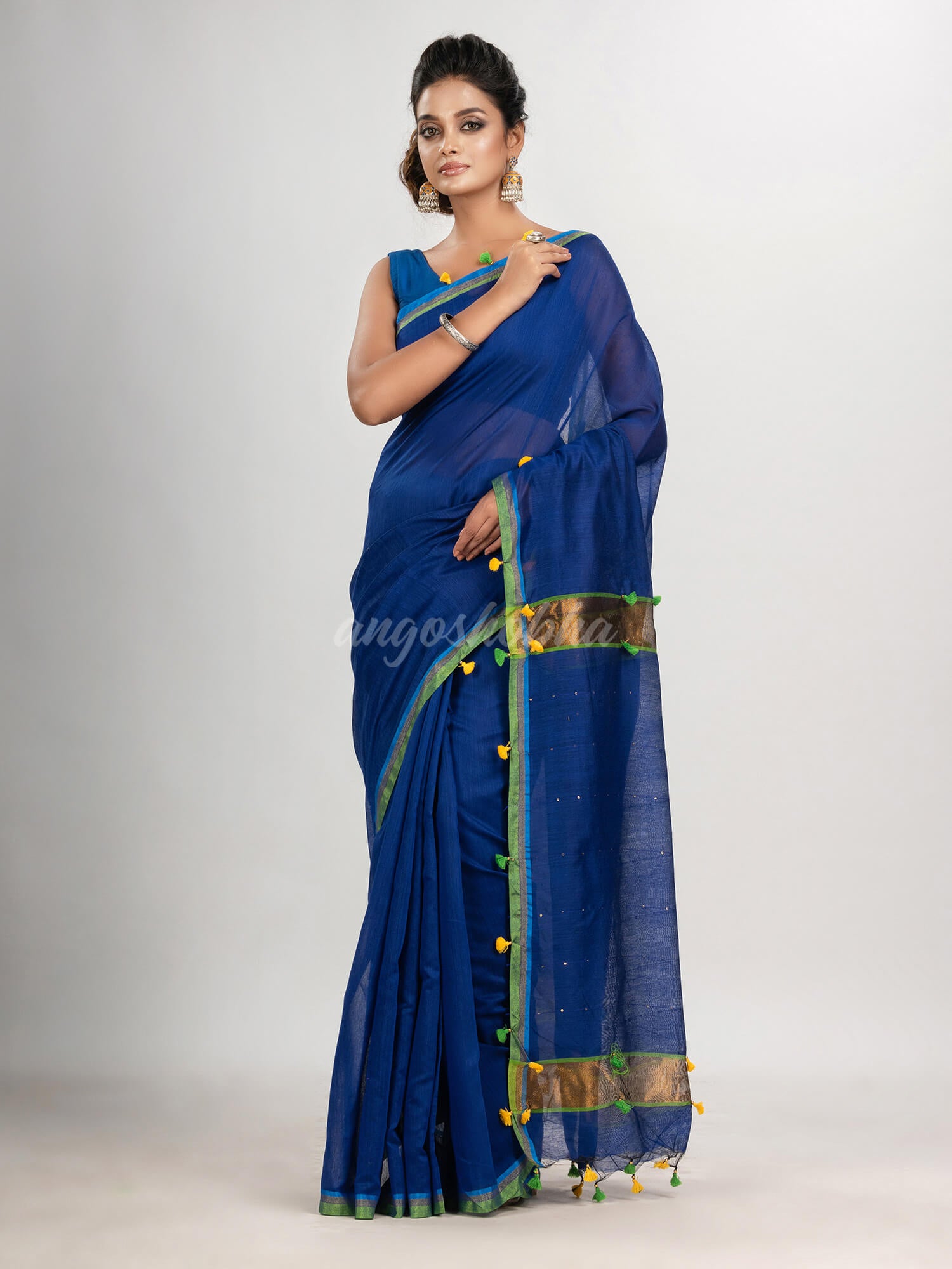 Blue cotton blend with pompom handloom saree