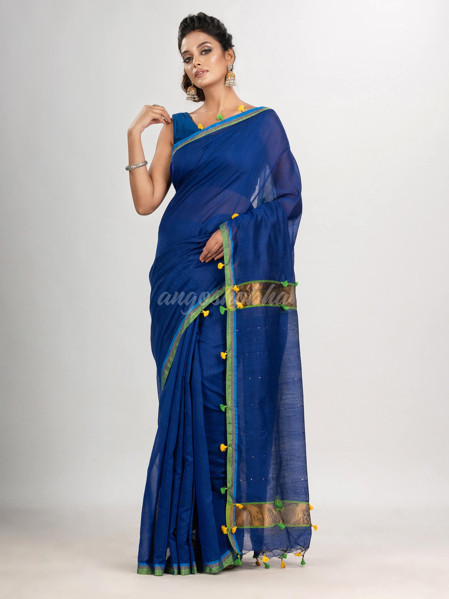 Blue cotton blend with pompom handloom saree