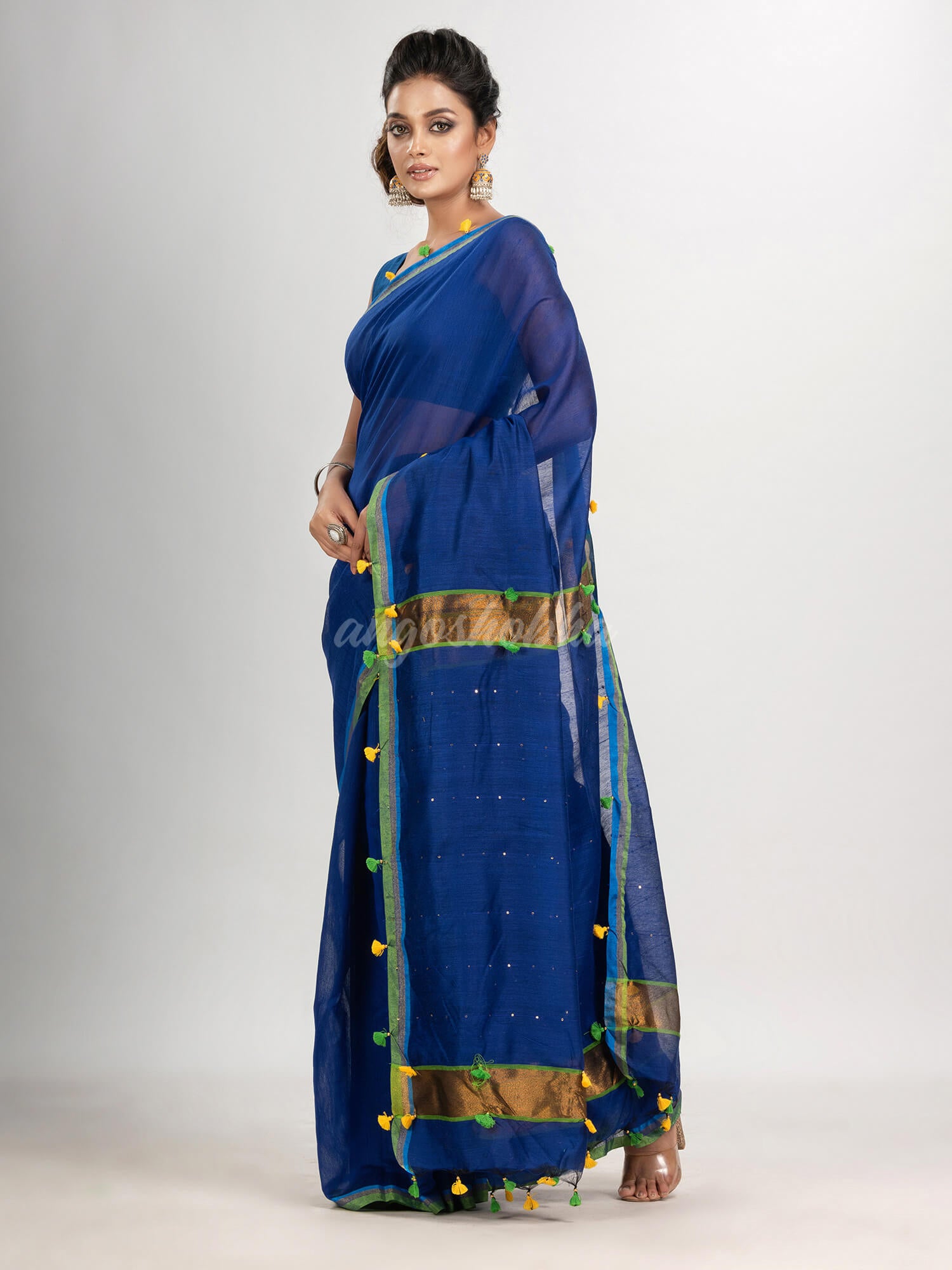 Blue cotton blend with pompom handloom saree