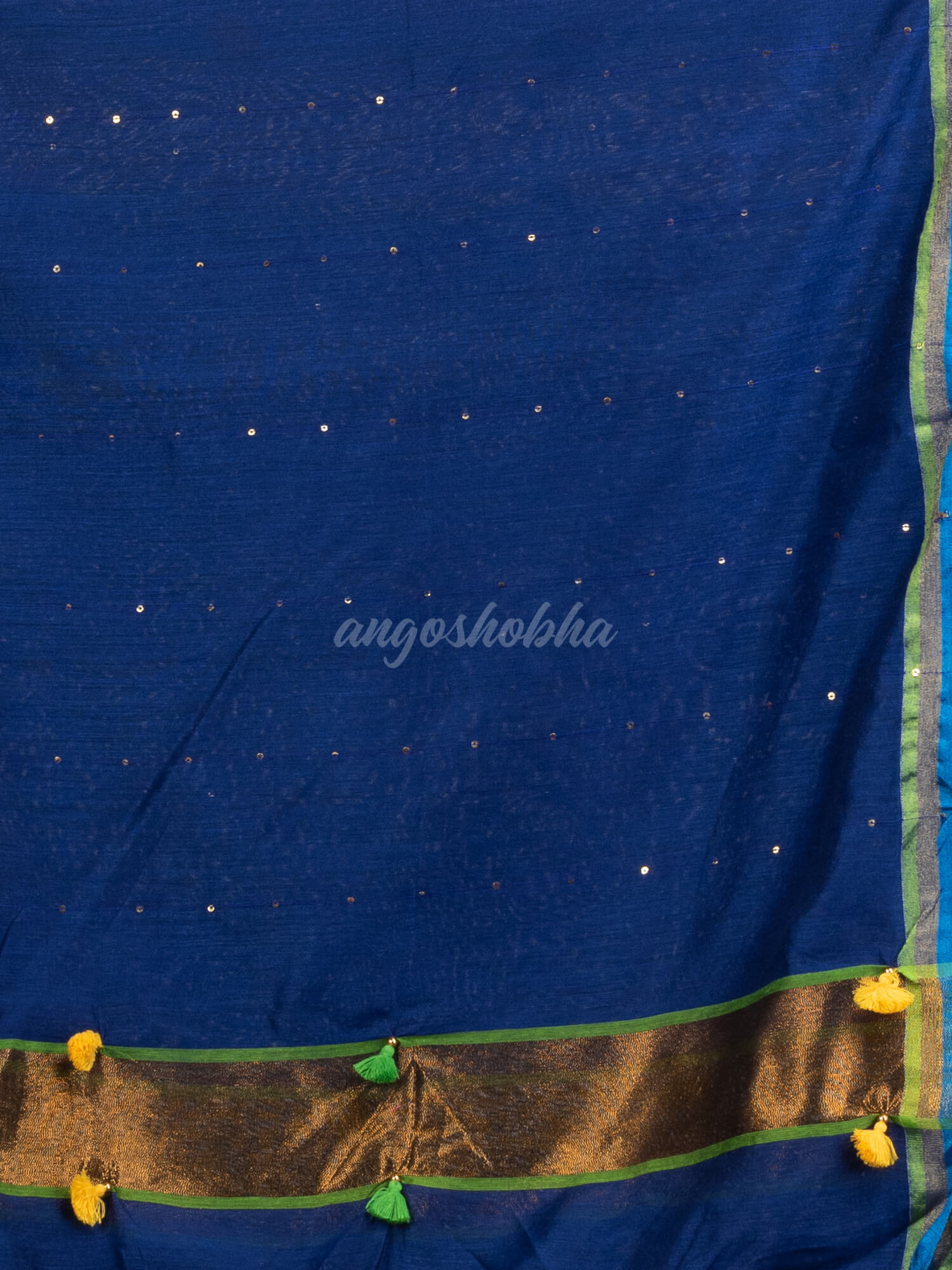 Blue cotton blend with pompom handloom saree