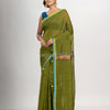 Olive green cotton blend with pompom handloom saree