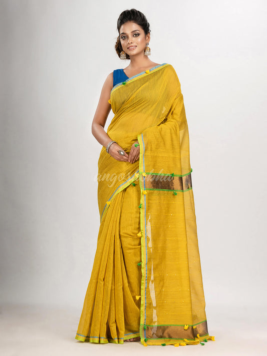 Yellow cotton blend with pompom handloom saree