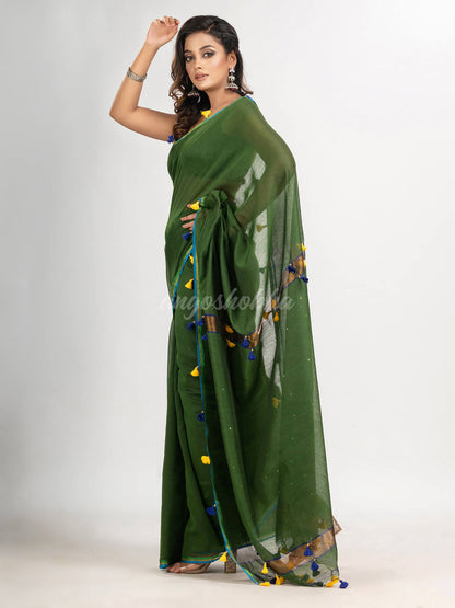 Hunter green cotton blend with pompom handloom saree