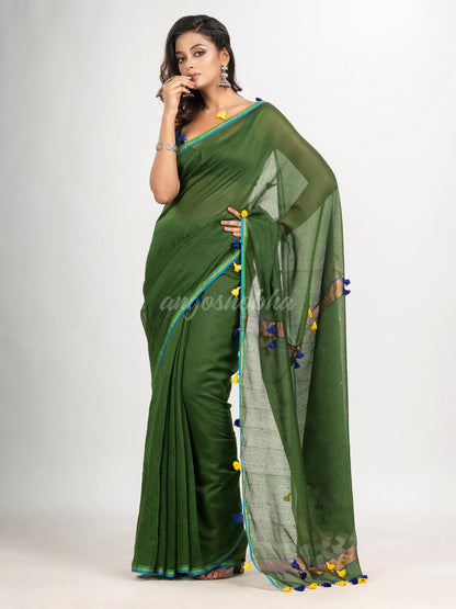 Hunter green cotton blend with pompom handloom saree