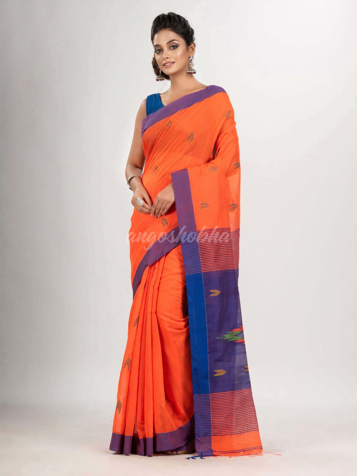 Orange cotton blend all body buti with pallu dimond motive jamdani saree