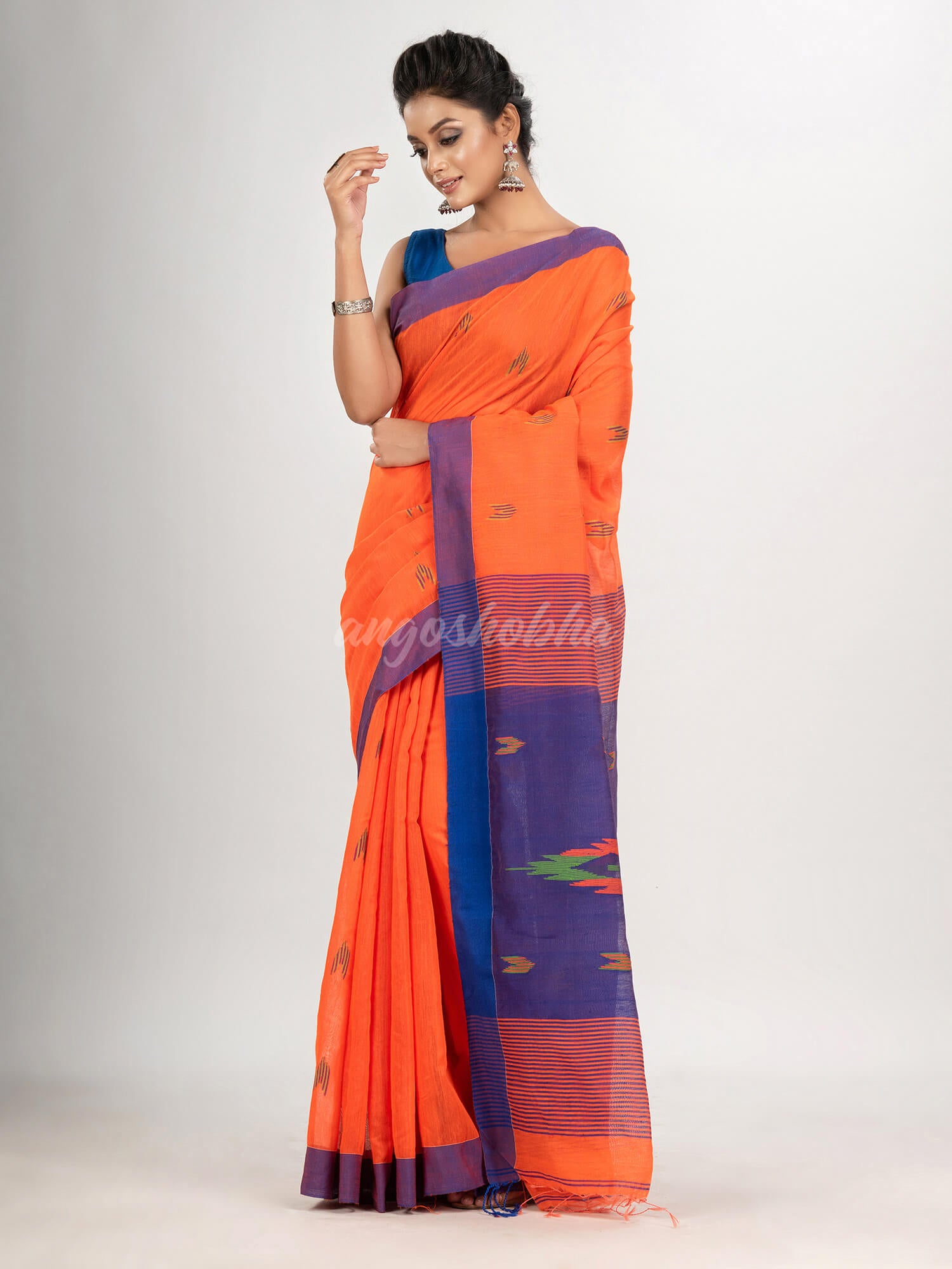 Orange cotton blend all body buti with pallu dimond motive jamdani saree