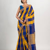 Yellow & Blue cotton blend all body check handloom saree