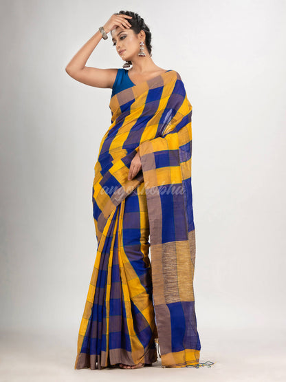 Yellow & Blue cotton blend all body check handloom saree