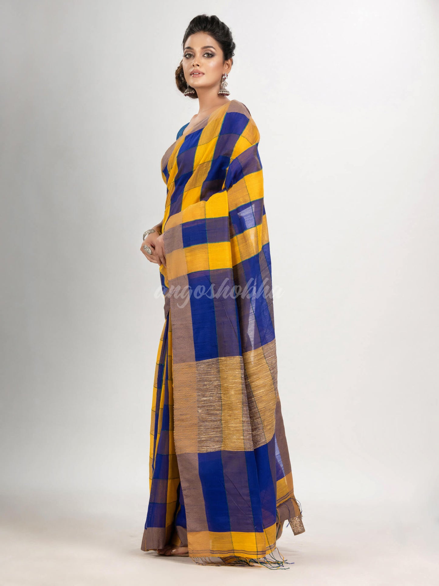 Yellow & Blue cotton blend all body check handloom saree