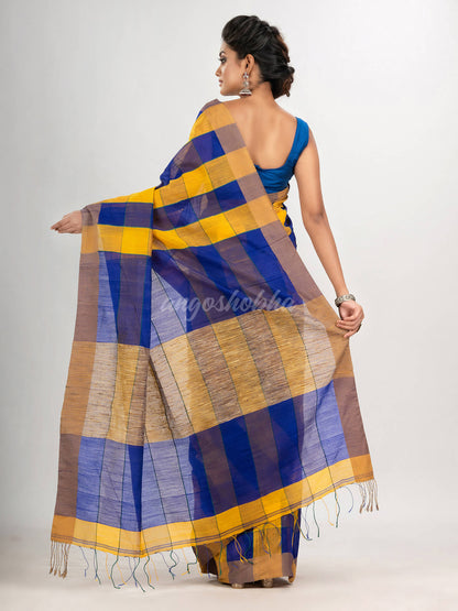 Yellow & Blue cotton blend all body check handloom saree