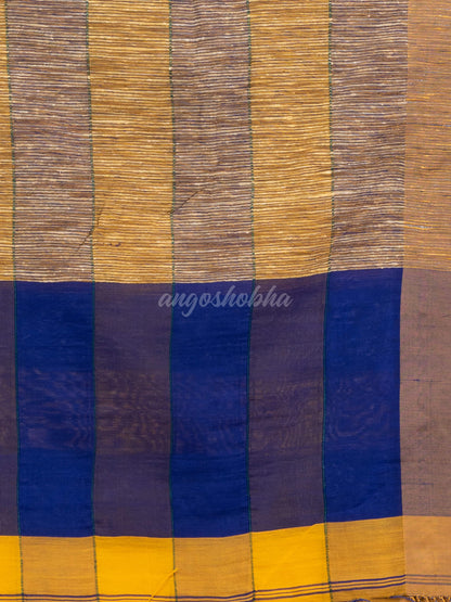 Yellow & Blue cotton blend all body check handloom saree