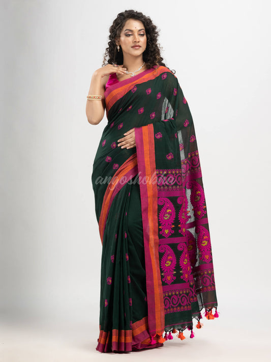 Bottle Green cotton all body buti with kalka pallu and multi colour broder handloom jacquard saree