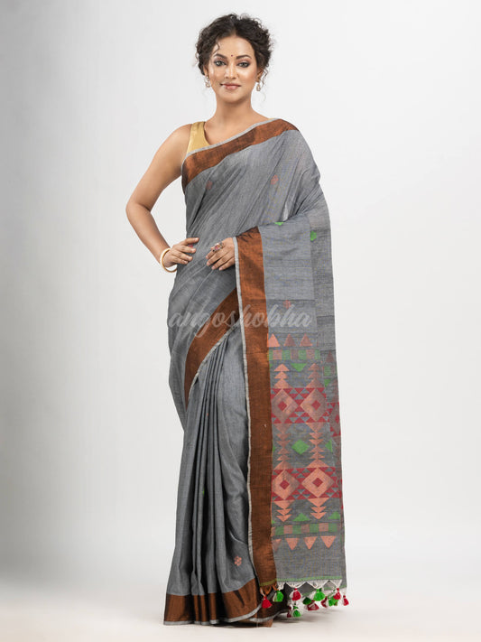 Grey cotton all body buti with diamond pallu and copper zari broder handloom jacquard saree