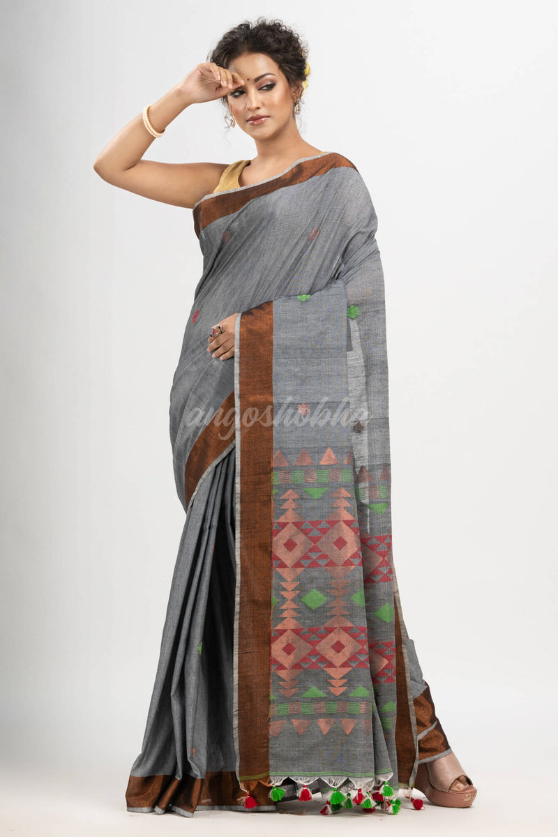 Grey cotton all body buti with diamond pallu and copper zari broder handloom jacquard saree