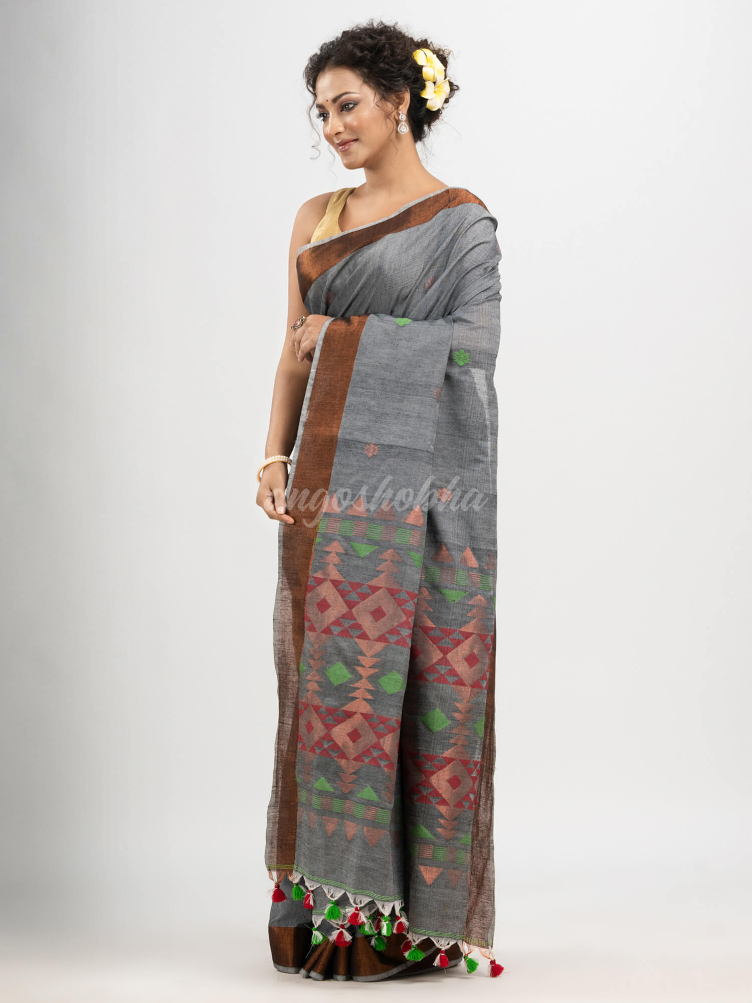 Grey cotton all body buti with diamond pallu and copper zari broder handloom jacquard saree