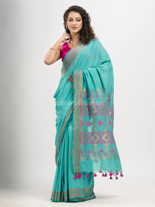 Baby Blue cotton all body buti with diamond pallu and copper zari broder handloom jacquard saree