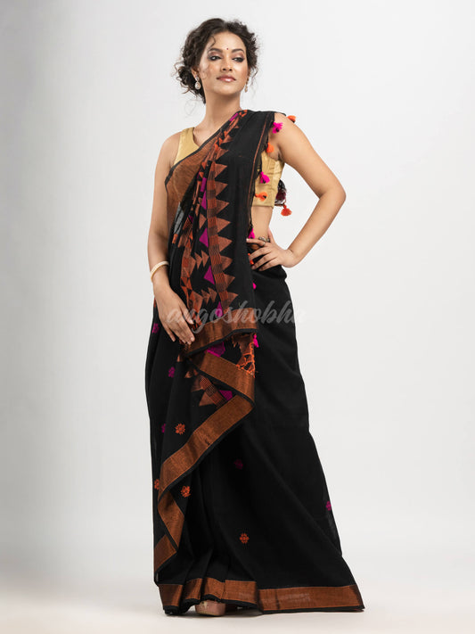 Black cotton all body buti with diamond pallu and copper zari broder handloom jacquard saree