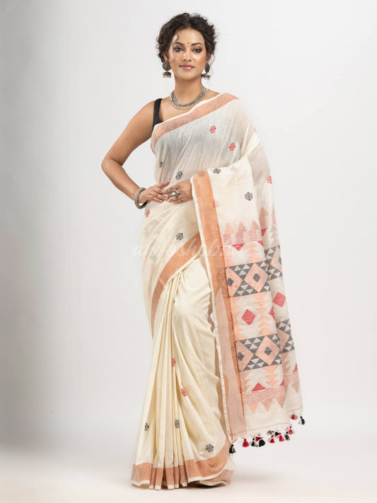 White cotton all body buti with diamond pallu and copper zari broder handloom jacquard saree