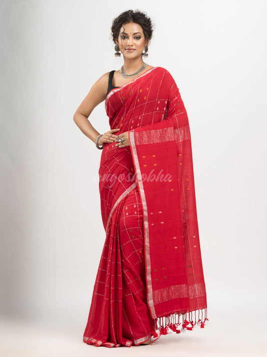 Red cotton all body buti and stripe with gold zari border handloom saree