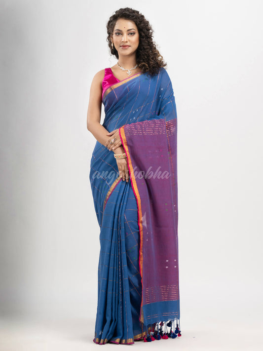 Denim Blue cotton all body buti and stripe with gold zari broder handloom saree