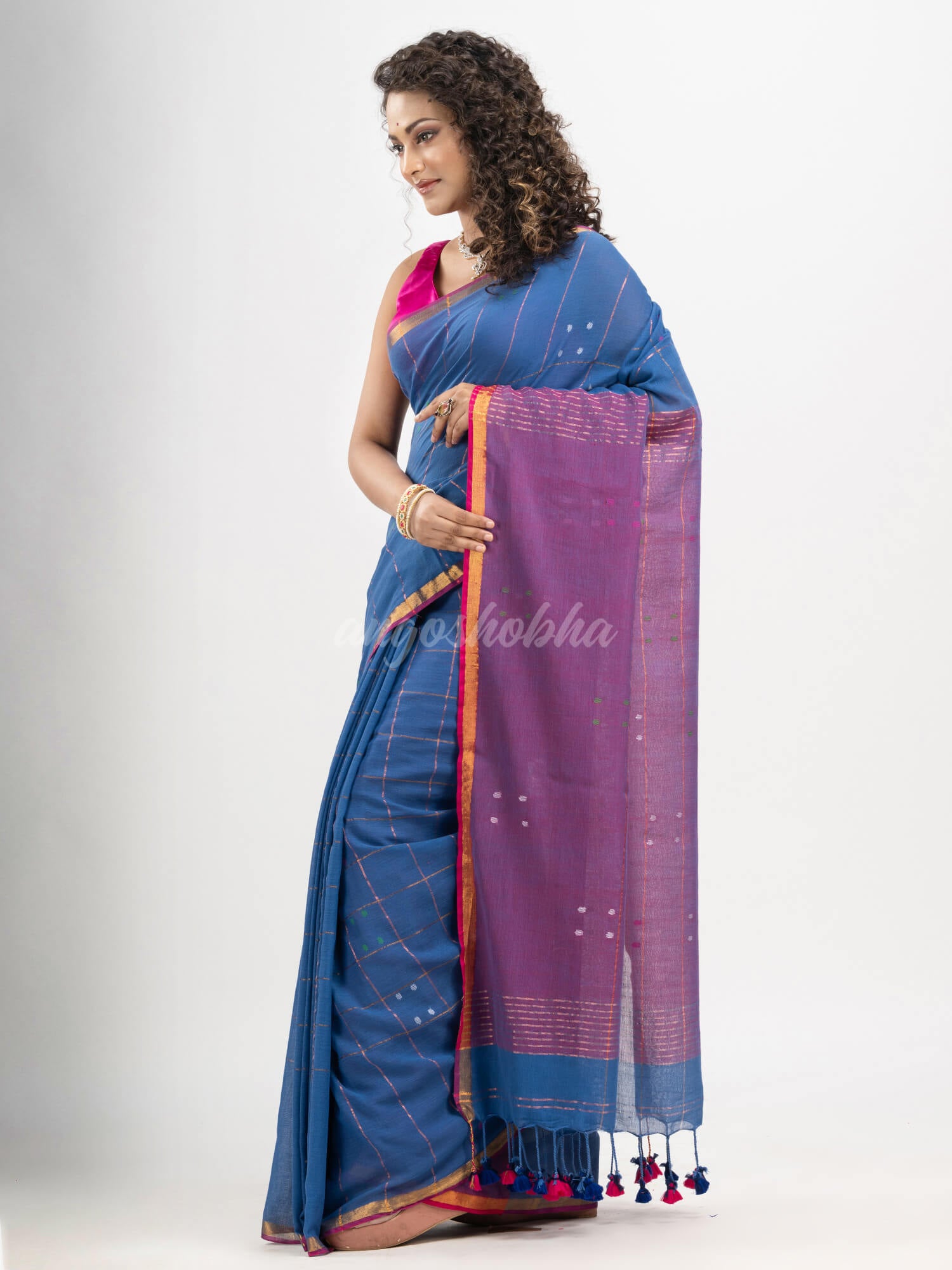 Denim Blue cotton all body buti and stripe with gold zari broder handloom saree
