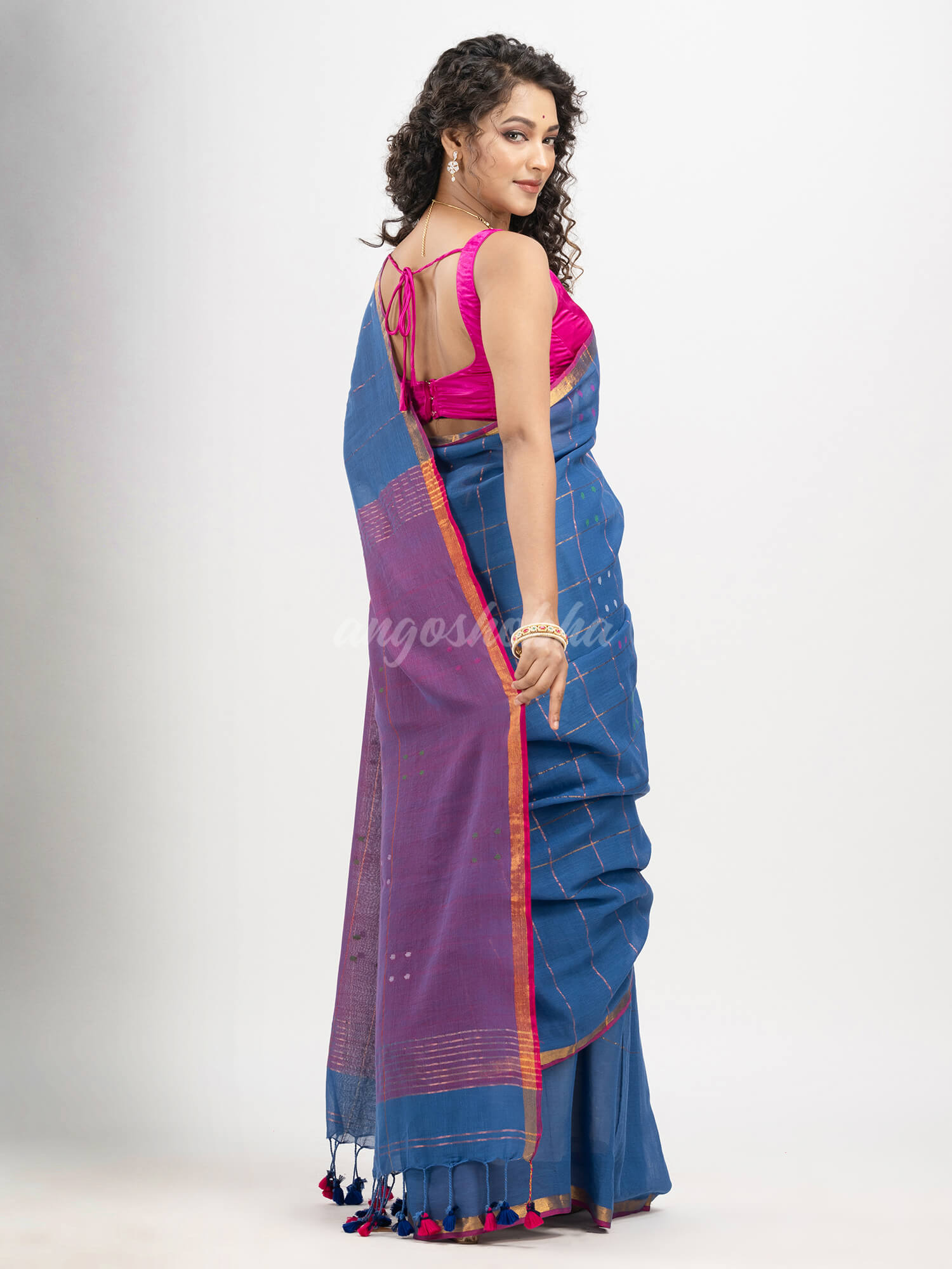 Denim Blue cotton all body buti and stripe with gold zari broder handloom saree