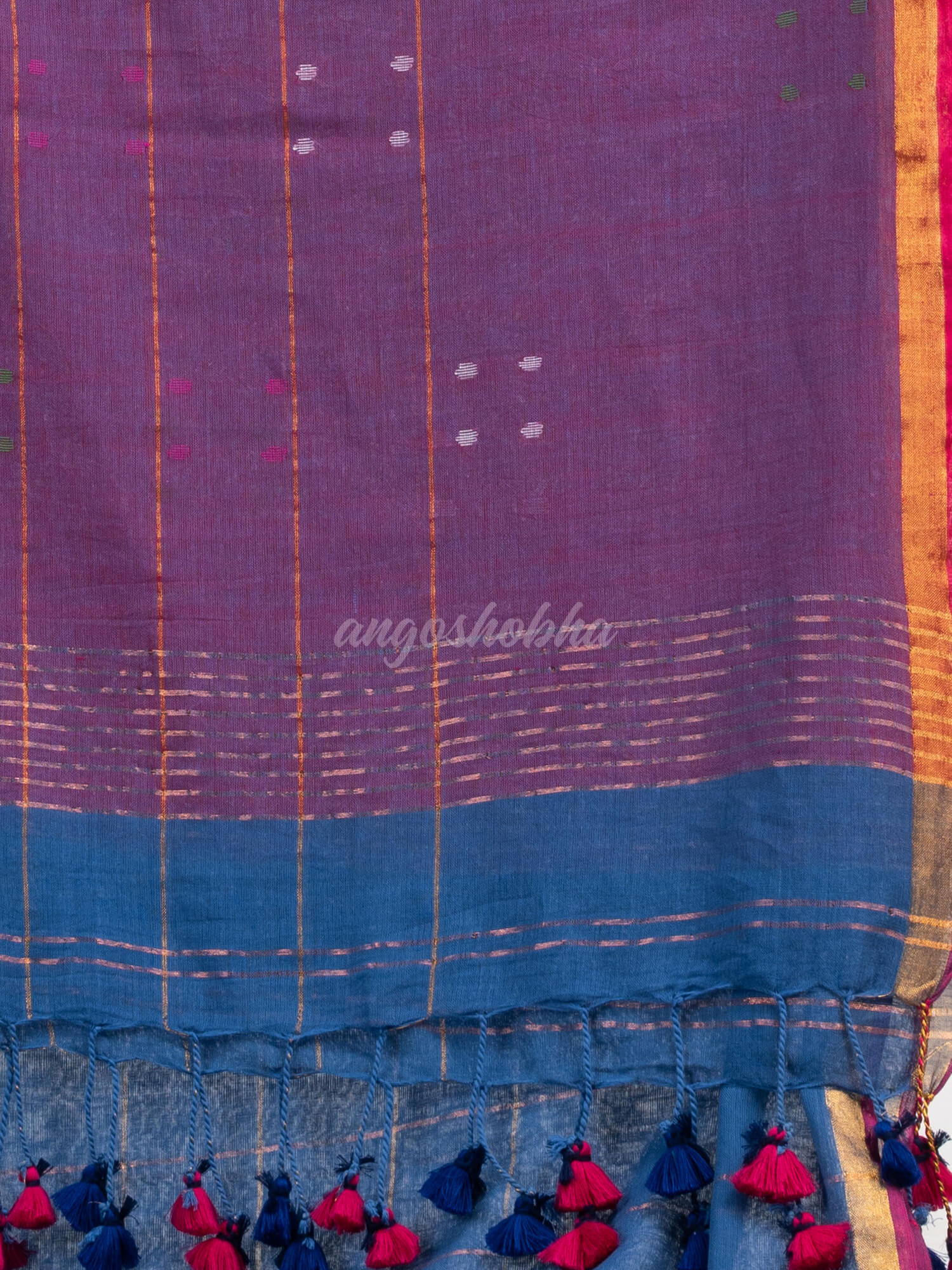 Denim Blue cotton all body buti and stripe with gold zari broder handloom saree