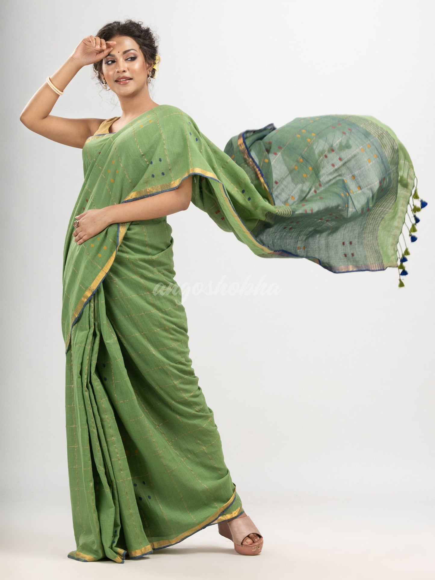 Fern Green cotton all body buti and stripe with gold zari broder handloom saree