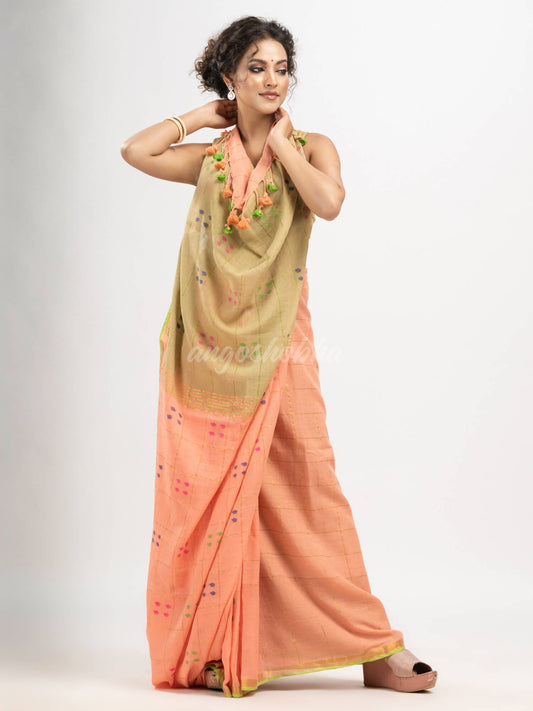 Petite Peach cotton all body buti and stripe with gold zari broder handloom saree