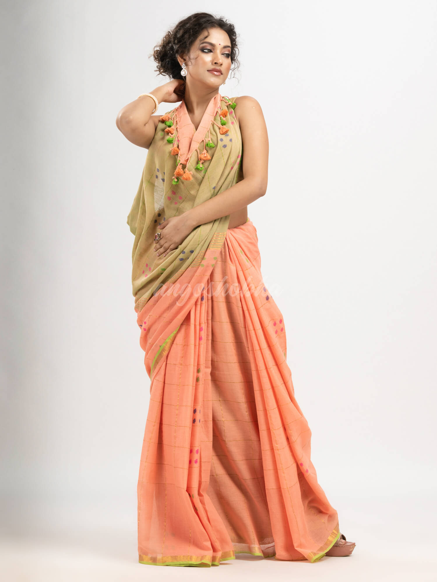 Petite Peach cotton all body buti and stripe with gold zari broder handloom saree