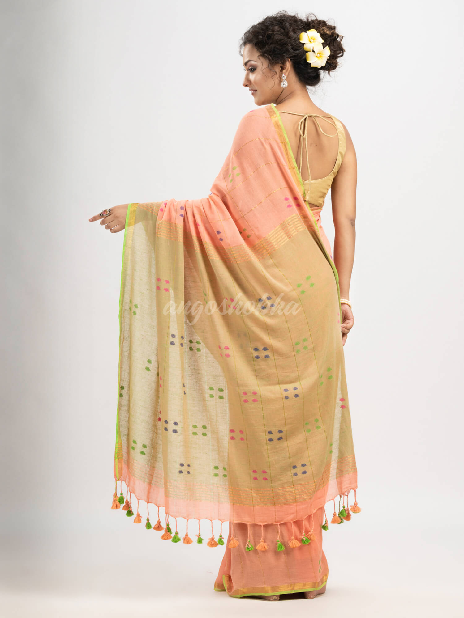 Petite Peach cotton all body buti and stripe with gold zari broder handloom saree