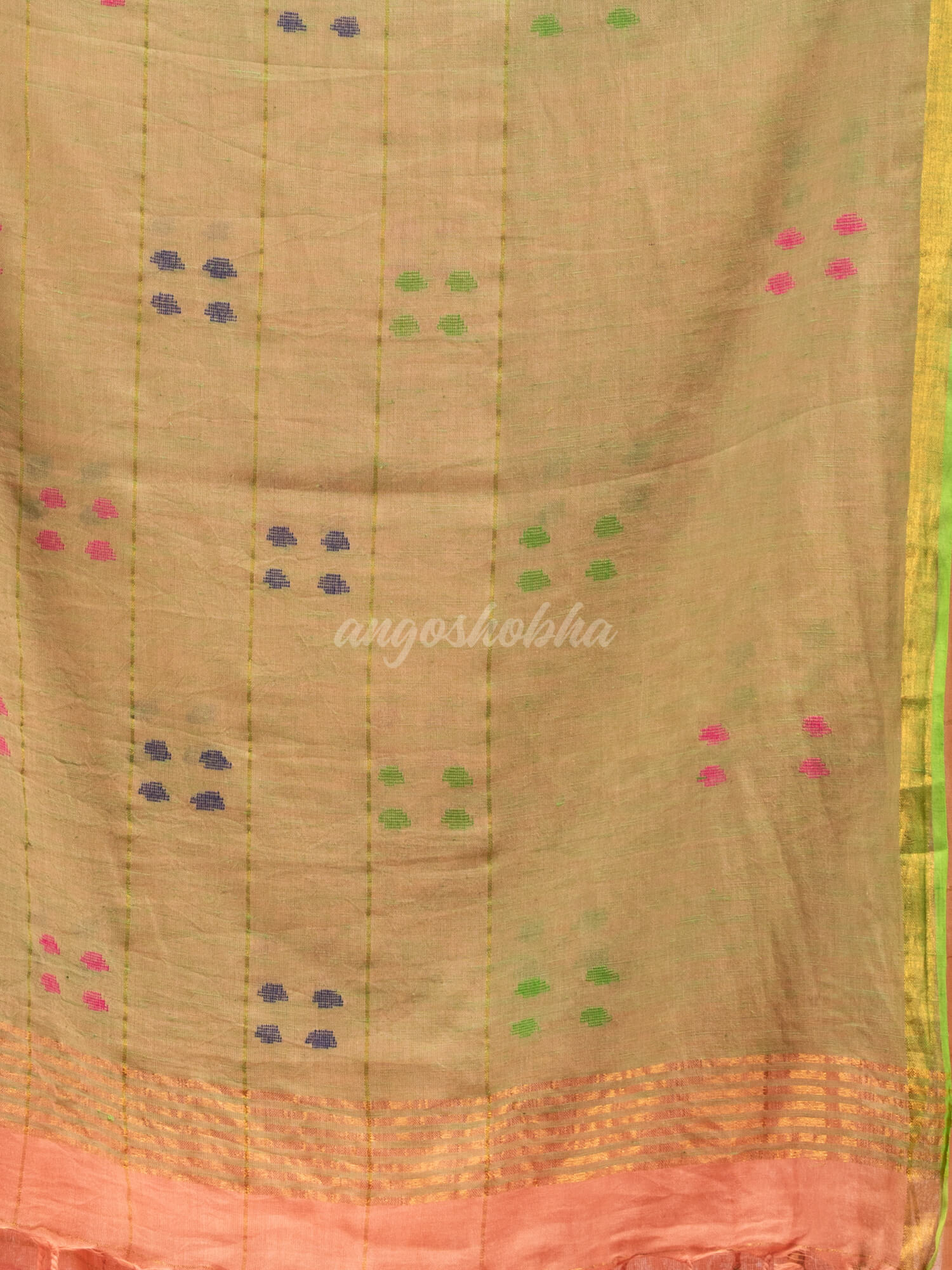 Petite Peach cotton all body buti and stripe with gold zari broder handloom saree