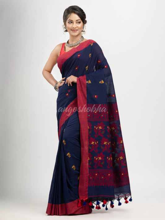 Navy Blue cotton all body buti with kalka pallu and solid broder handloom jacquard saree