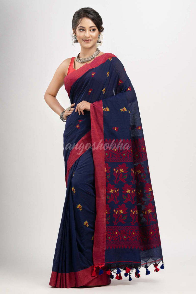 Navy Blue cotton all body buti with kalka pallu and solid broder handloom jacquard saree