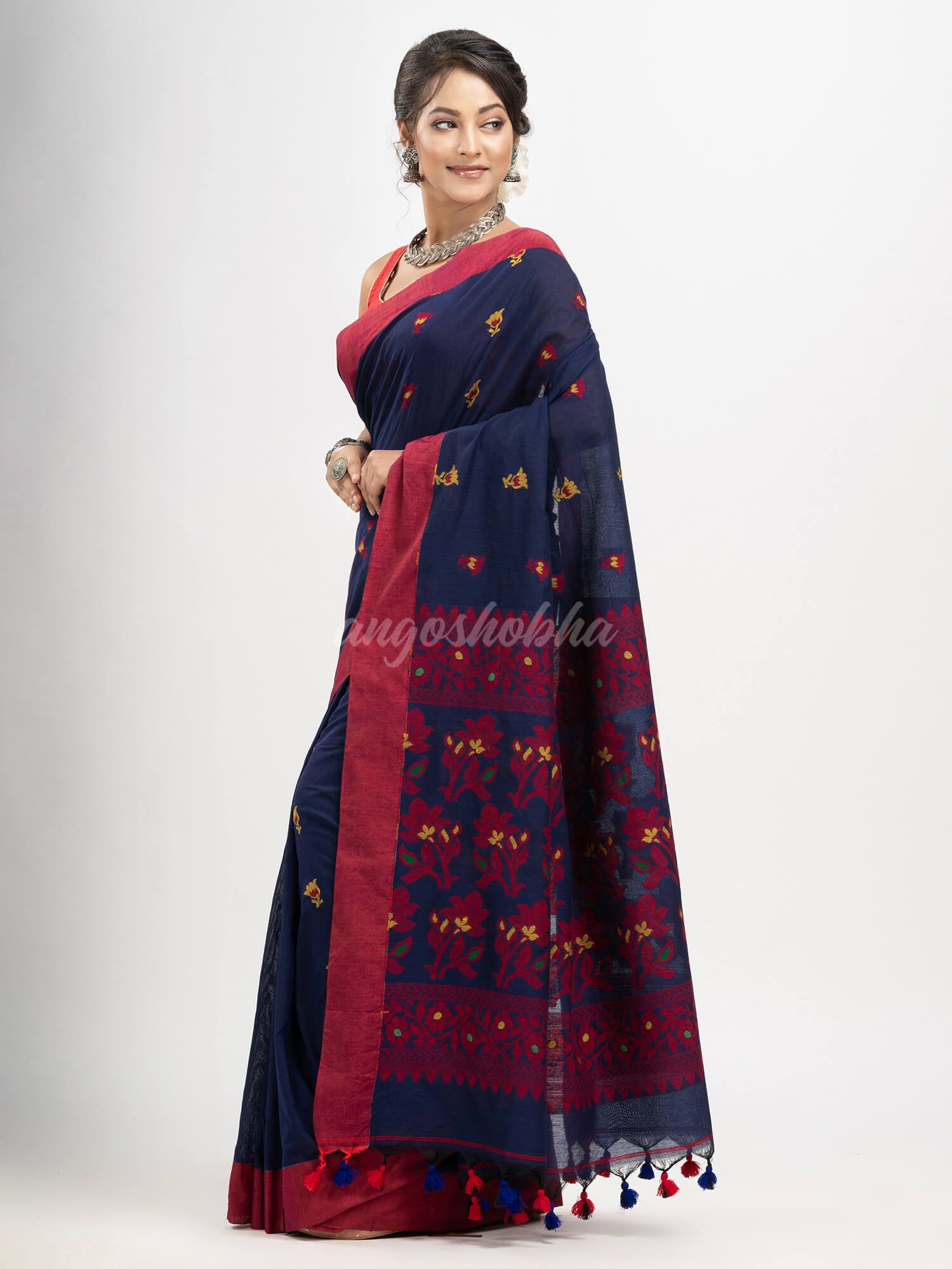 Navy Blue cotton all body buti with kalka pallu and solid broder handloom jacquard saree