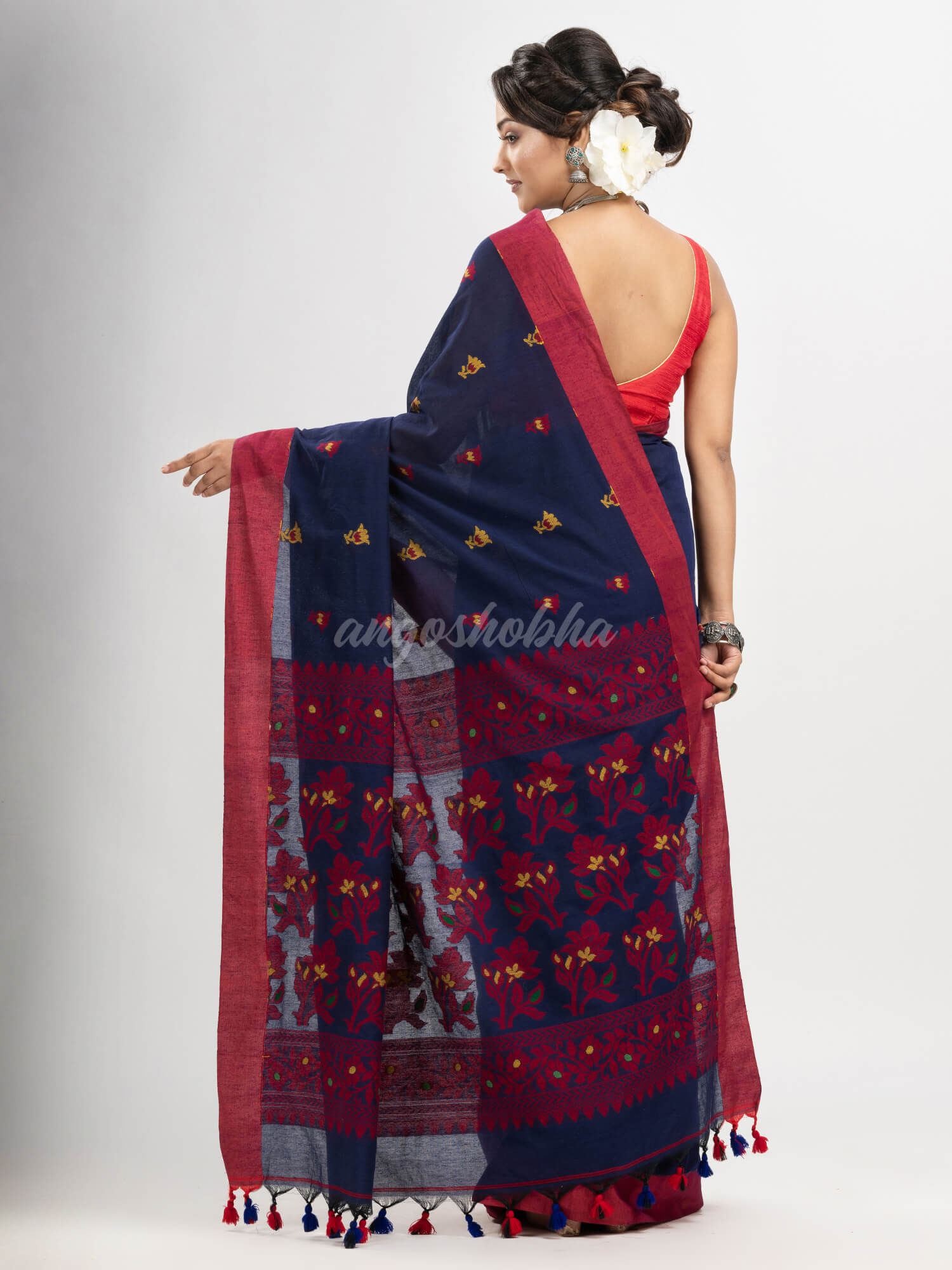 Navy Blue cotton all body buti with kalka pallu and solid broder handloom jacquard saree