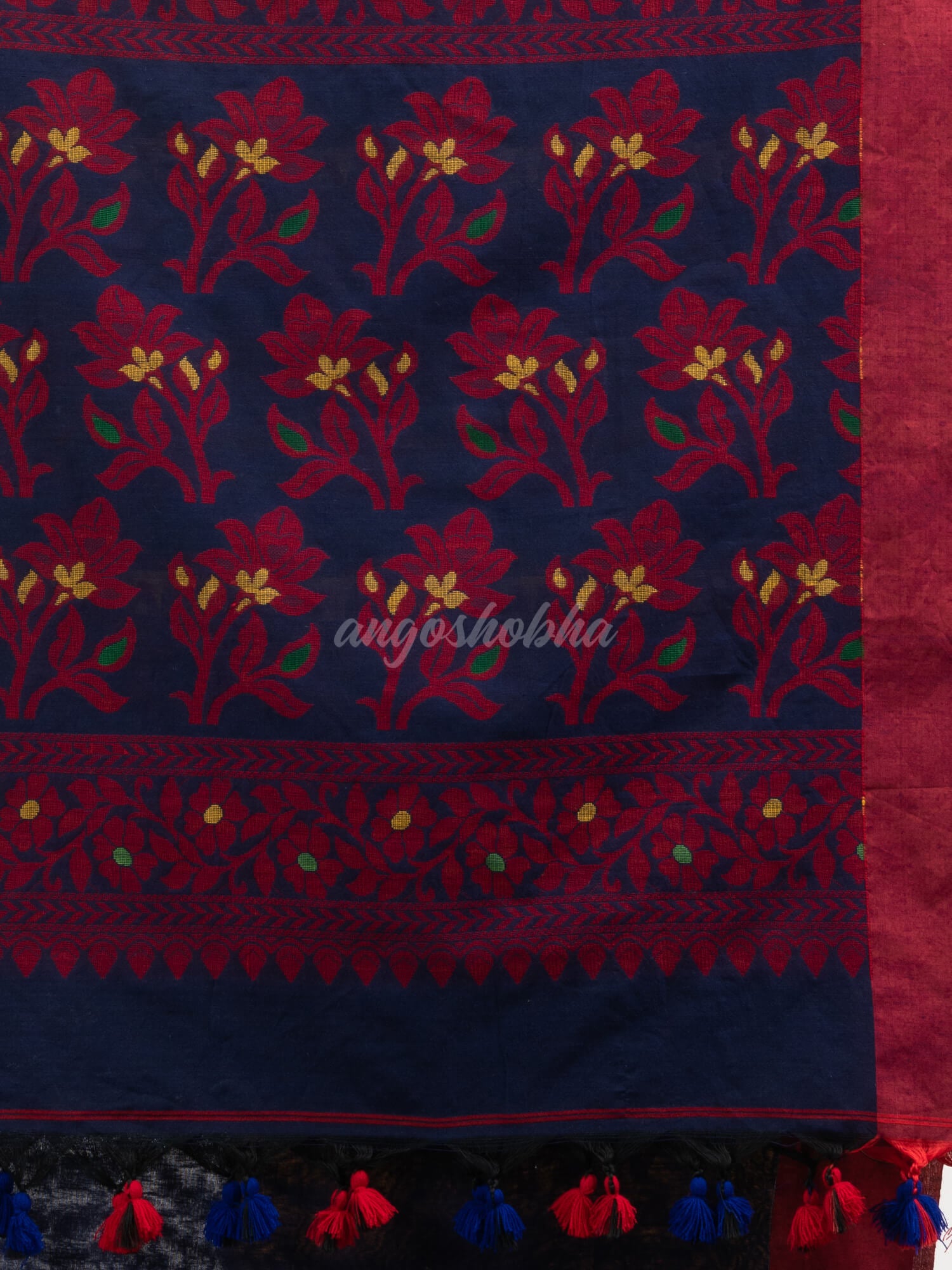 Navy Blue cotton all body buti with kalka pallu and solid broder handloom jacquard saree