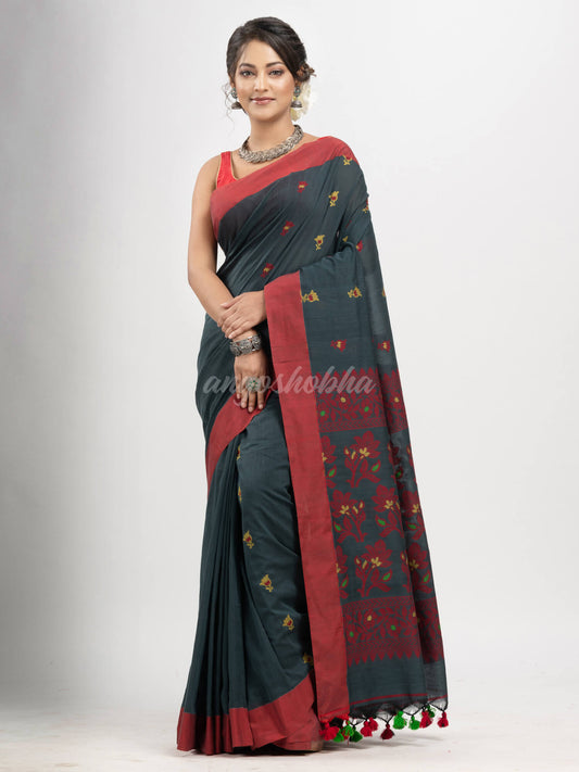 Davy's Grey cotton all body buti with kalka pallu and solid broder handloom jacquard saree