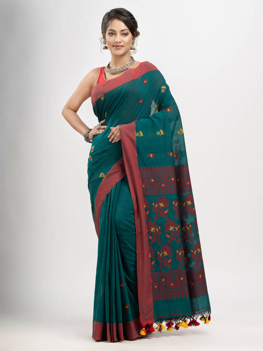 Pine green cotton all body buti with kalka pallu and solid broder handloom jacquard saree