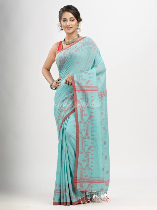 Electric Blue cotton jacquard jamdani saree